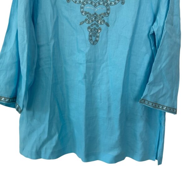 Peck & Peck Blue Embroidered Linen Tunic Top 3/4 Sleeves & Split Neckline-SZ XL - Picture 8 of 12
